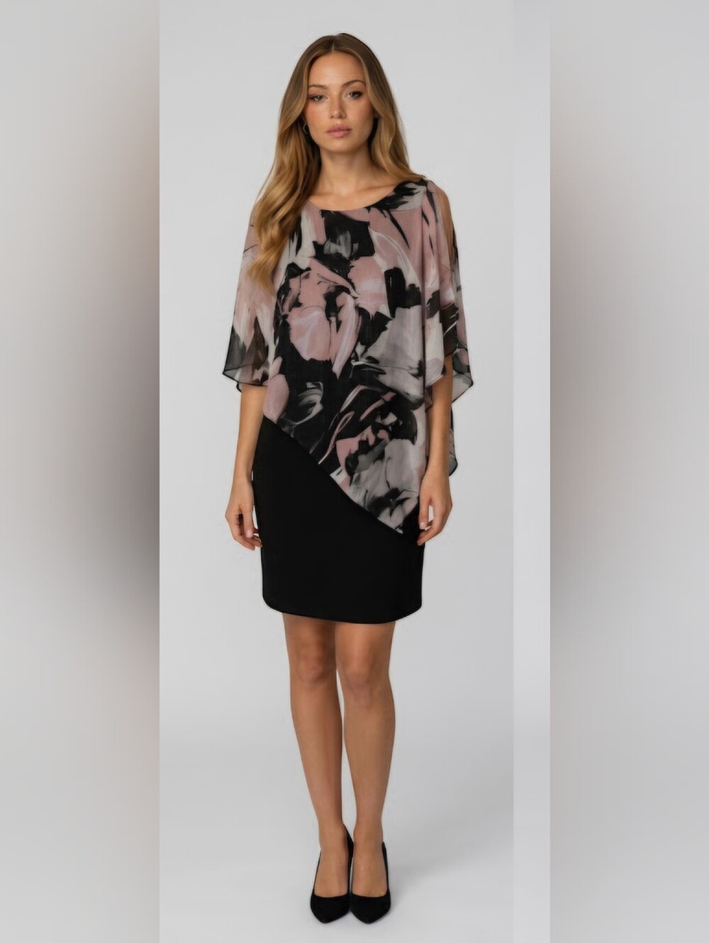 Cleo Floral Chiffon Overlay Dress Black & Pink Cold Shoulder